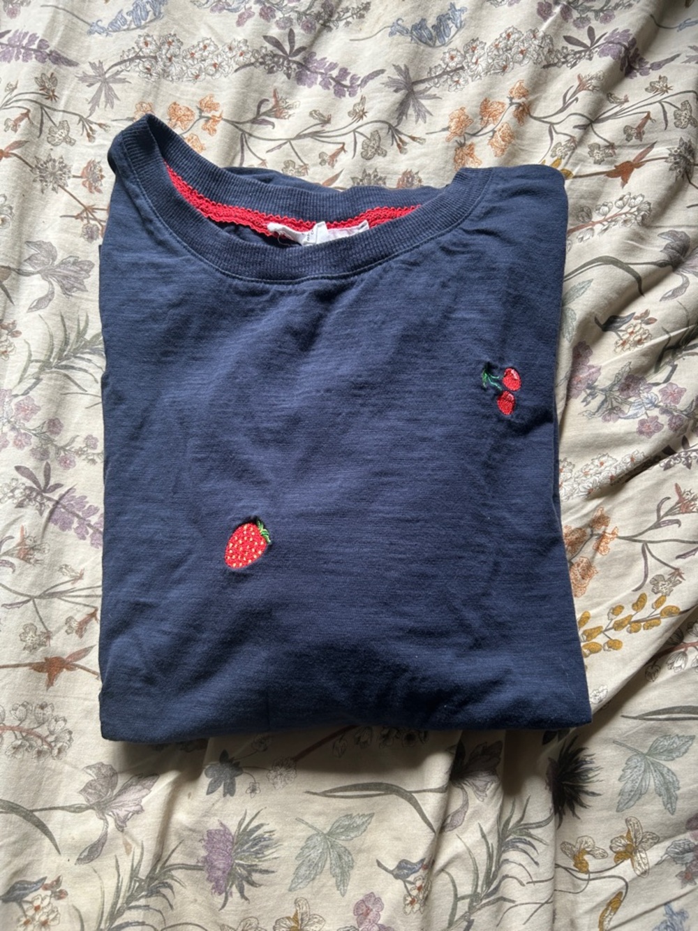 Jane and Delancey Navy Short Sleeve Tee with Fruit Embroidery